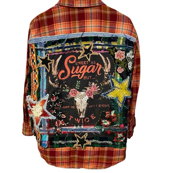 Upcycled Flannel Shirt Shacket Womens L Orange Grunge Patchwork Folk Art Skull - Picture 13 of 16